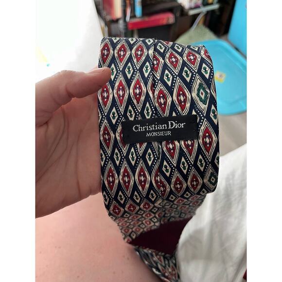 Vintage Christian Dior Red & Blue Oval Geometric Shape Print 100% Silk Neck Tie - Picture 3 of 4